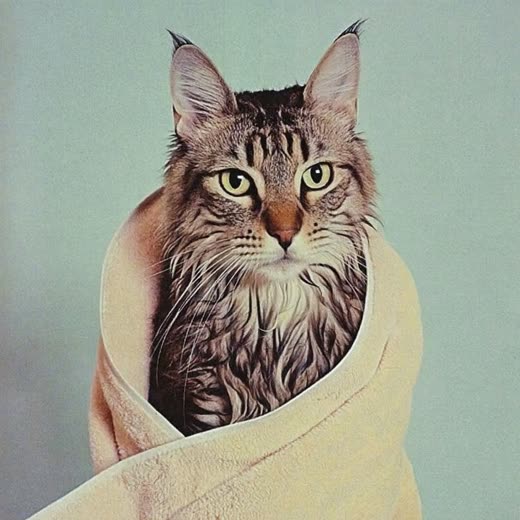 A damp long-haired cat wrapped in a towel after a bath